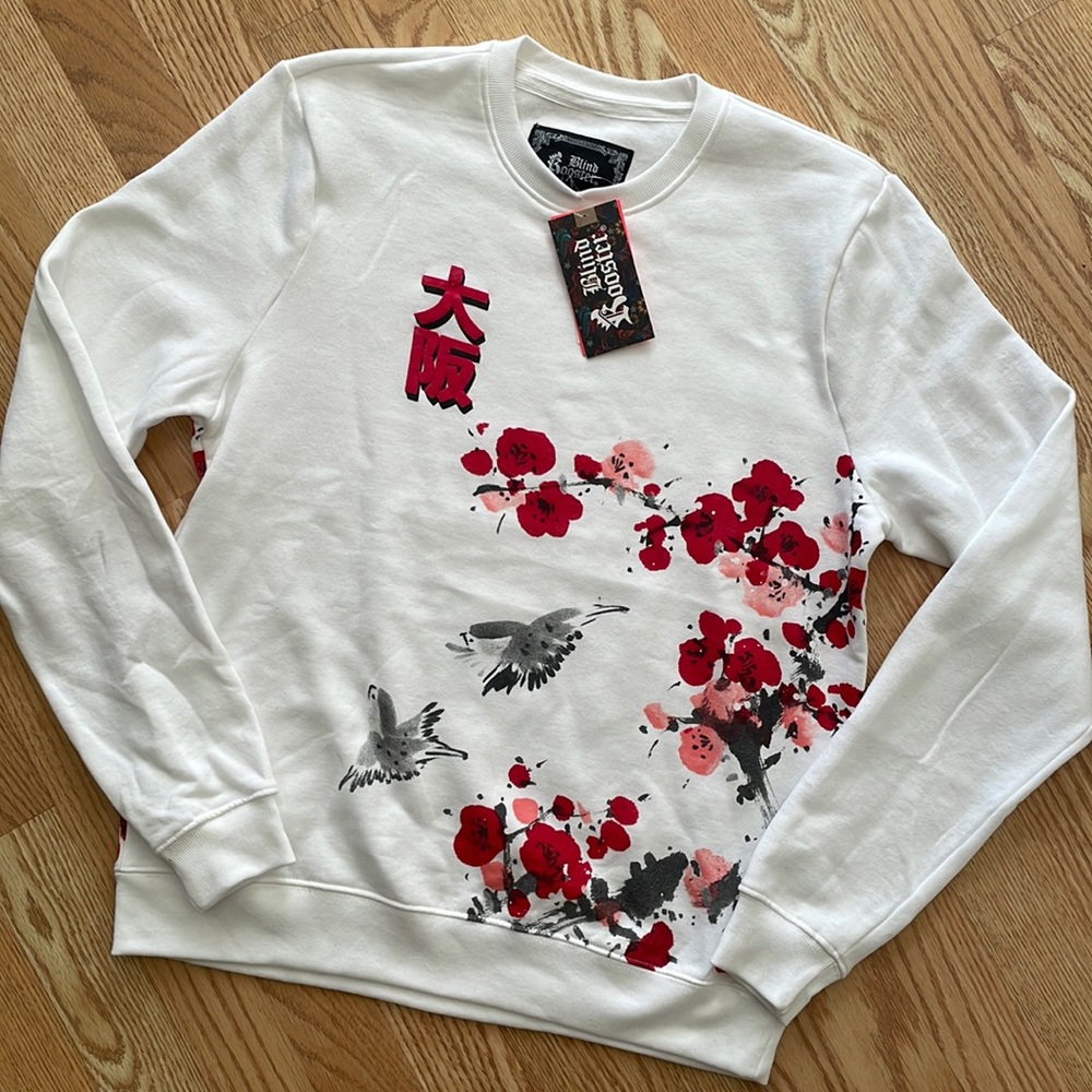 Blind Rooster white unisex asian inspired cherry blossom sweater sweatshirt NWT